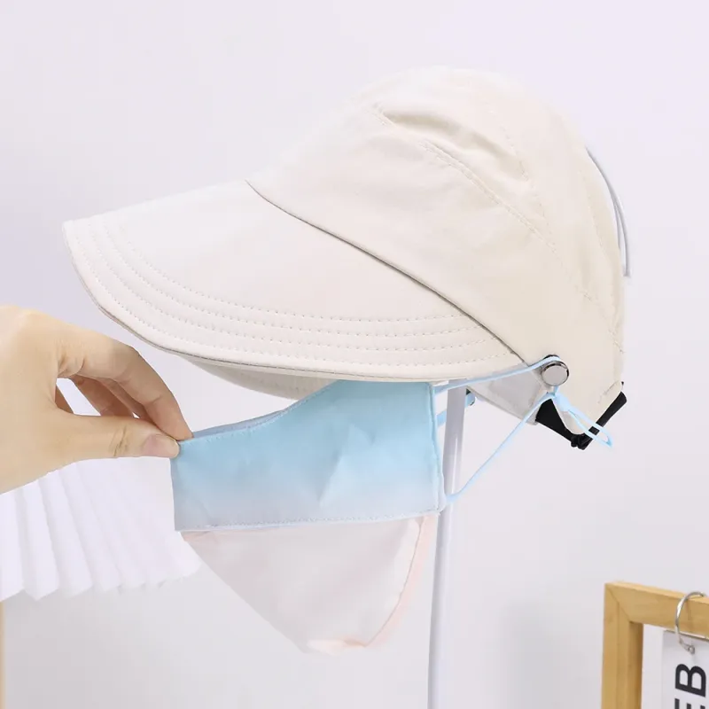 Fashion Korean Women Empty Top Foldable Wide Brim Sun Protection Hats Summer Visor Fisherman Face Mask Hook Hat Ponytail Cap_voghion.com
