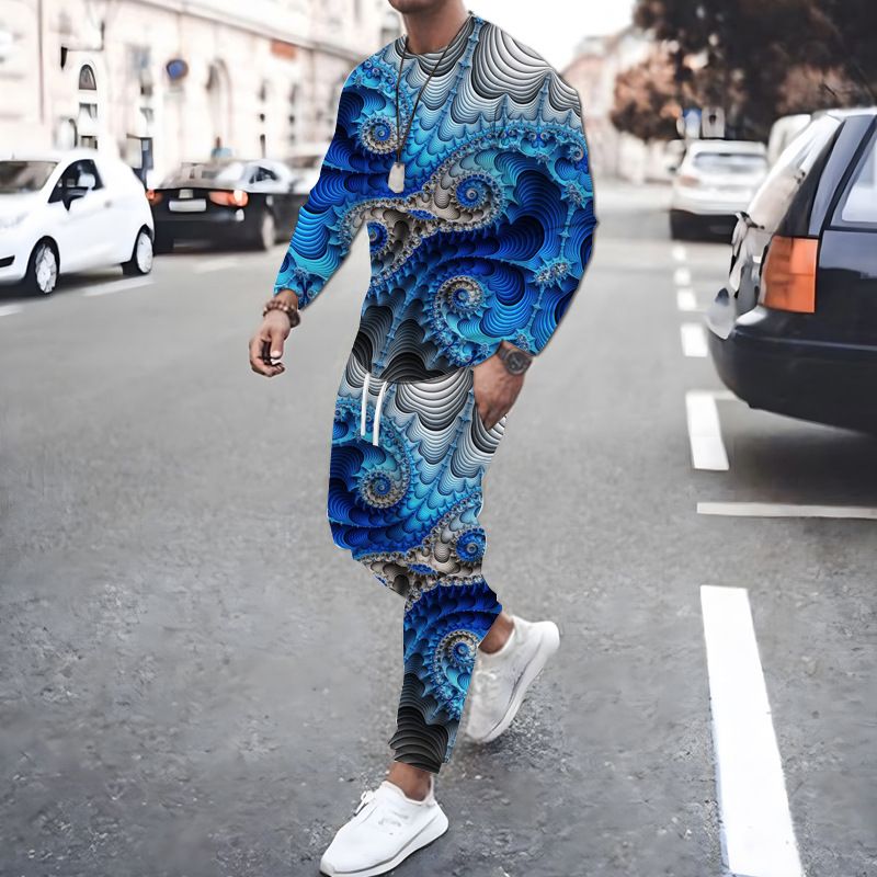 New Spring and Autumn Men's Fashionable 3D Printed Round Neck Sleeve T-shirt Long Pants Trendy Sports Set_voghion.com