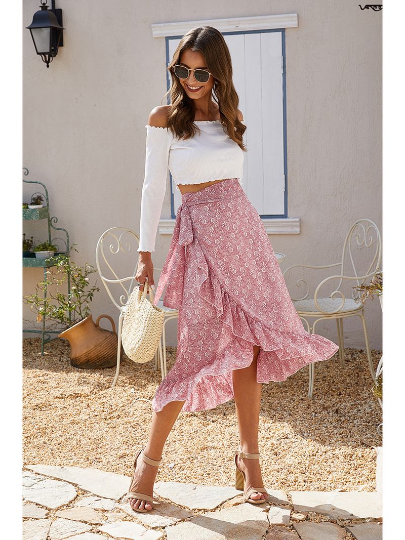 Women's printed strap slit big swing skirt with lining _voghion.com