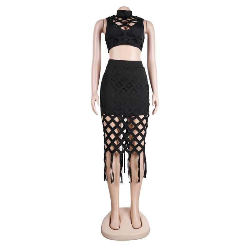 Abito da discoteca in due pezzi da donna, aderente, con nappe in rete cava, che copre i fianchi_voghion.com