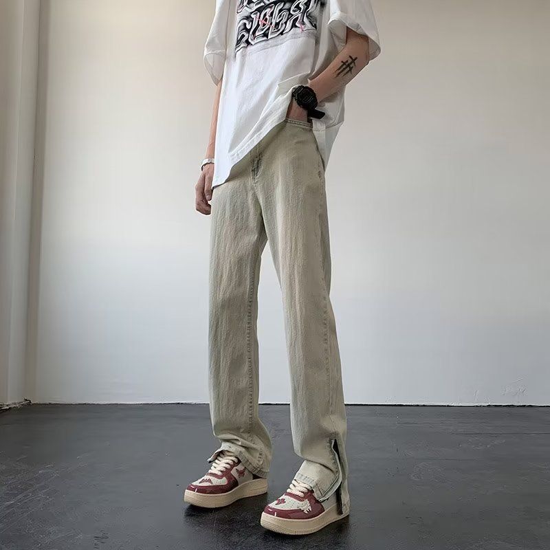 Jeans micro flared de lama amarela para lavagem de verão masculina, marca americana da moda de rua reta com perna reta_voghion.com