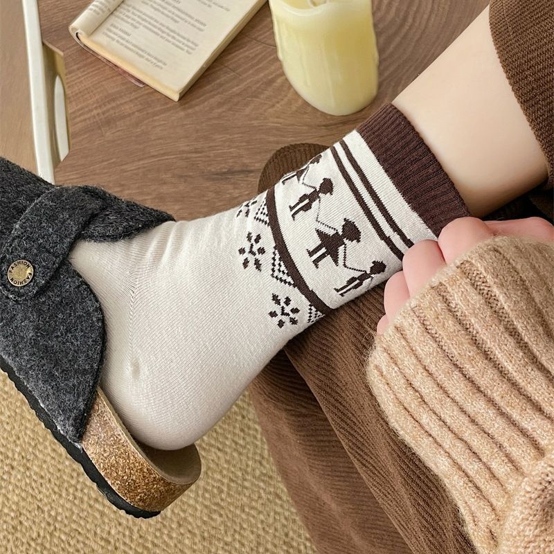 Fair Isle Vintage-Knopfsocken für Damen und Herren – lässige Baumwollsocken bis zur Wadenmitte mit geometrischem Muster, atmungsaktiv und bequem für alle Jahreszeiten_voghion.com