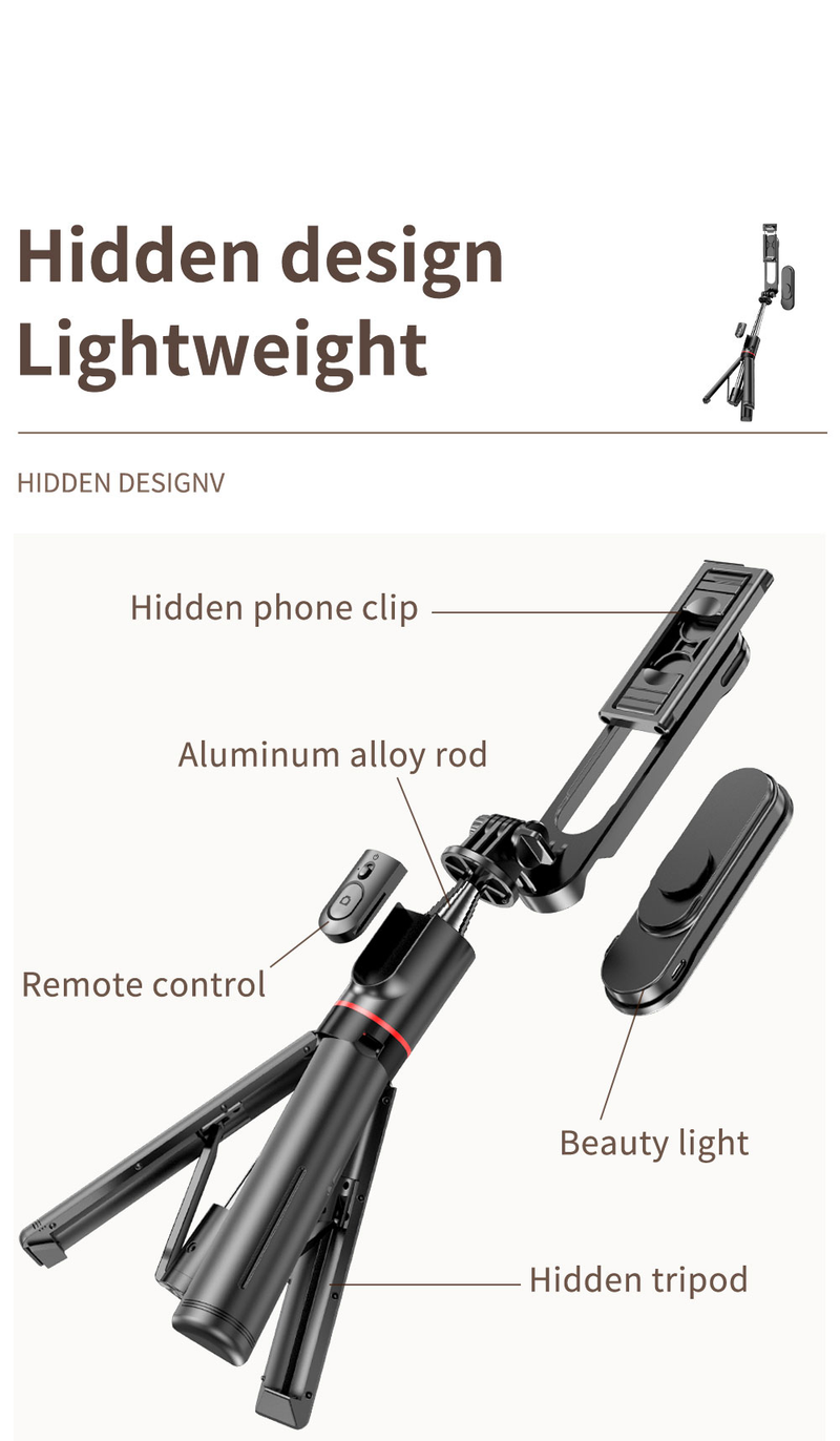 Palo para selfies estable con luz de relleno, trípode, palo para selfies retráctil de 44 pulgadas, con control remoto inalámbrico_voghion.com