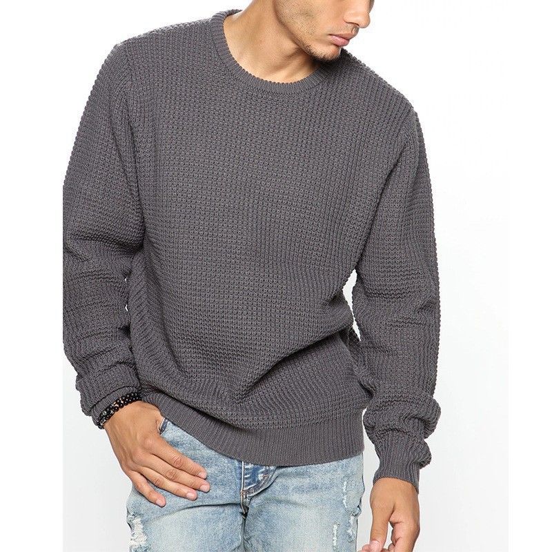 New Waffle Long Sleeved Round Neck Casual Men's Loose Pullover Knitted Sweater_voghion.com