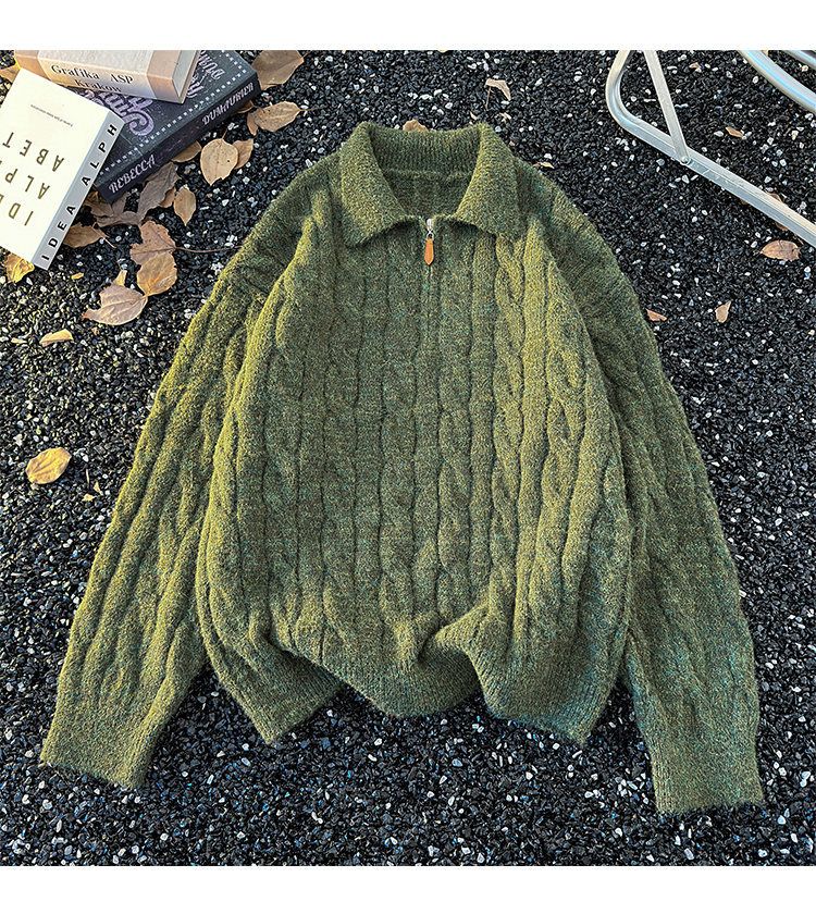 Unisex-Strickpullover mit halbem Reißverschluss – Winterpullover mit Polokragen (M-XXL, Grau/Grün, dickes und atmungsaktives Polyester)_voghion.com