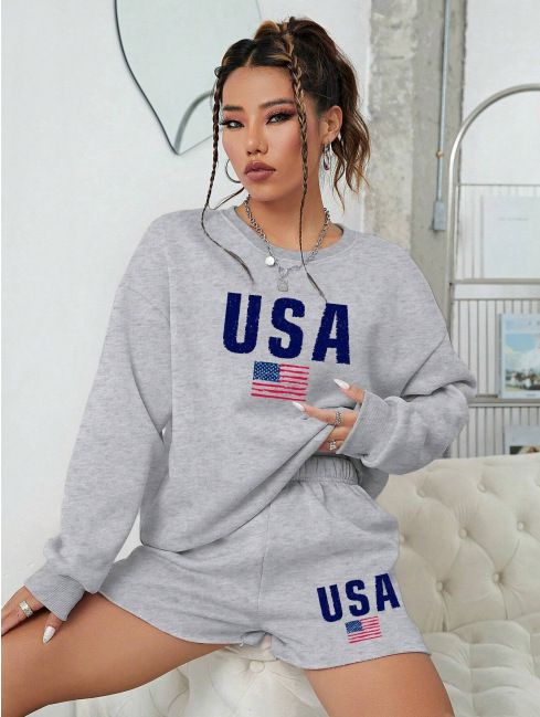Felpa girocollo da donna, pantaloncini a maniche lunghe, tuta casual ampia, felpa con lettere e stampa a cuore, pantaloncini da tuta_voghion.com