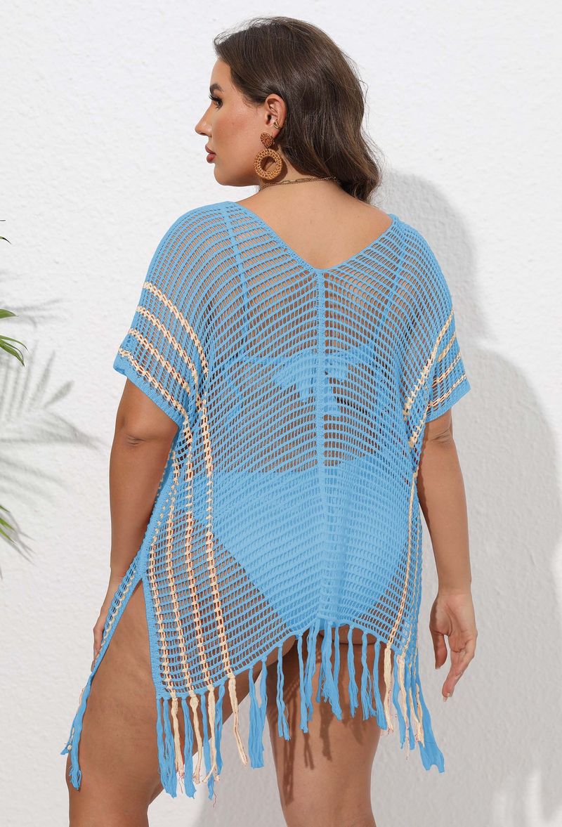 Chemisier de vacances pour femmes, grande taille, rayé, coutures contrastées, robe de plage, bikini, vêtements d'extérieur_voghion.com