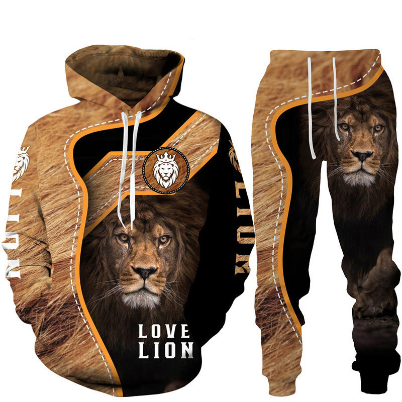 New trendy men's set with digital printed mesh fabric, lion tiger casual hoodie and pants_voghion.com