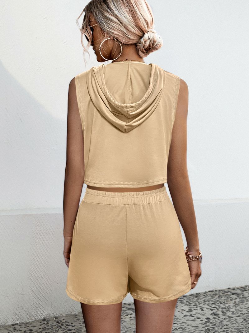 Completo da donna in 2 pezzi, con gilet, pantaloncini, senza maniche, con cuciture e lacci, tasca casual_voghion.com