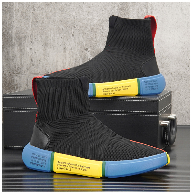 High Top Socks Shoes For Men 2023 Autumn New Trendy Breathable Knitted Slip On Sneakers Thick Sole Color Matching Trendy Shoes_voghion.com