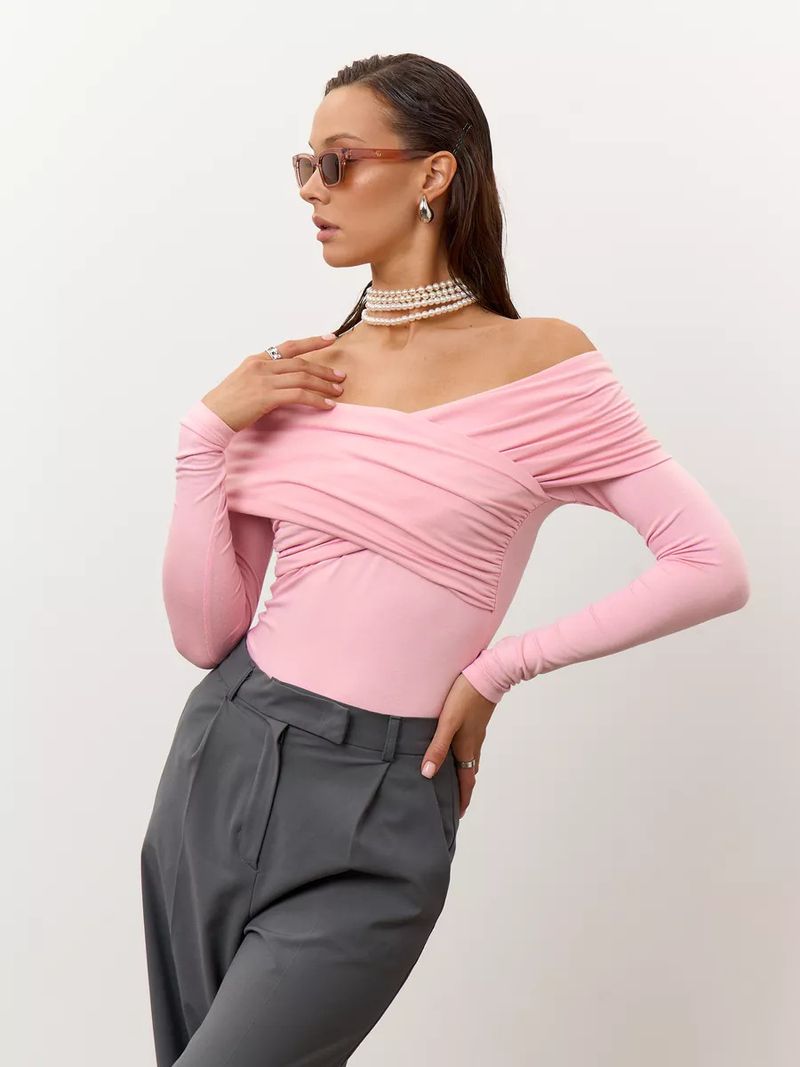 Top avvolgente con volant e spalle scoperte – Camicetta in cotone elasticizzato a maniche lunghe_voghion.com