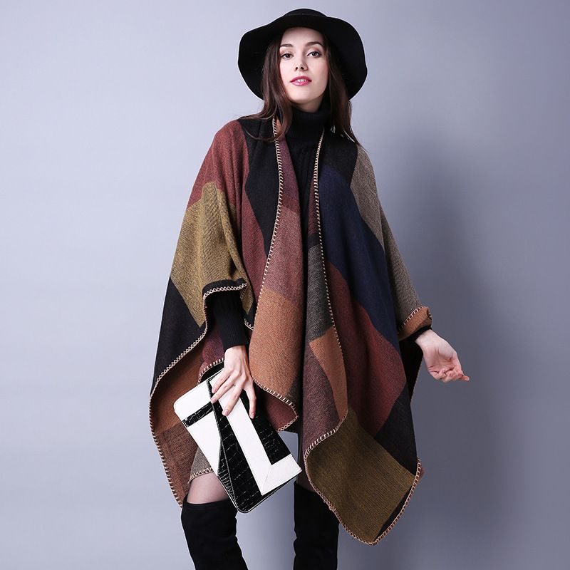 Autumn and Winter Scarves Versatile Plaid Women's Travel Shawl Cashmere Ethnic Style Split Thickened Cloak_voghion.com