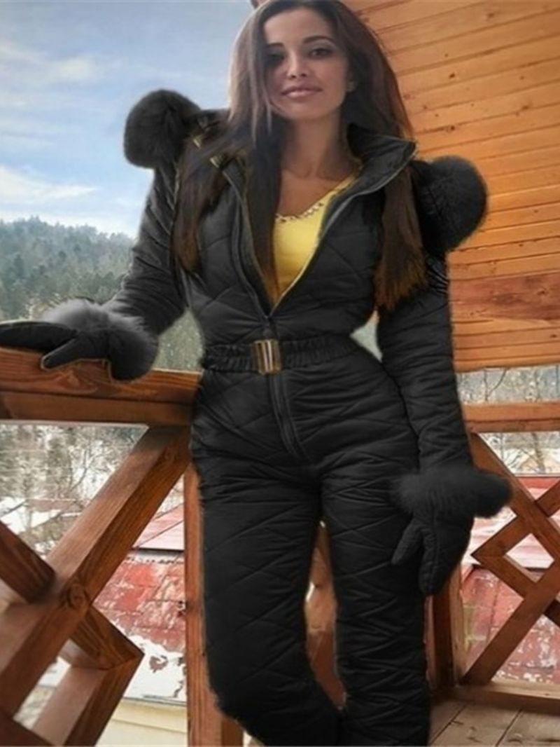 Tuta invernale da donna con cappuccio, calda e adatta agli sport sulla neve, con chiusura frontale con cerniera completa e tasche con cerniera a copertura totale._voghion.com