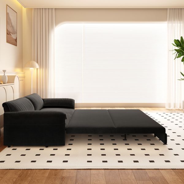 66' Queen Pull Out Sofa Bed, 3-in-1 Convertible Sleeper Sofa With Side Storage,Multi-Functional Velvet Loveseat Bed For Living Room,Bedroom,Apartmen_voghion.com