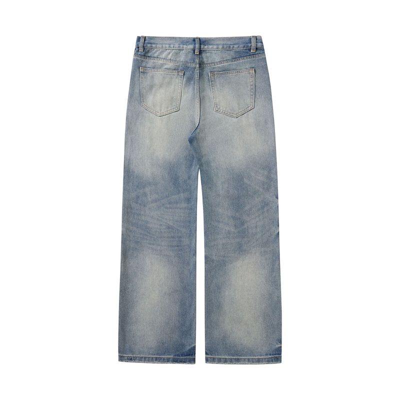 Men’s Washed Blue Wide-Leg Jeans – 3D Whisker & Honeycomb Cleanfit, A-Line Loose Denim Pants_voghion.com