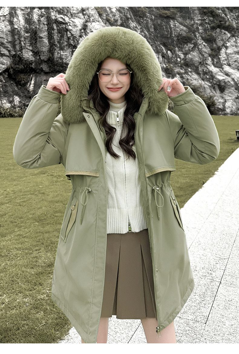 Roupas femininas Jaqueta de algodão Gola de pele Algodão Longline Cinto Acabamento em pele de coelho Casaco com capuz Parka com enchimento de poliéster espesso para o inverno_voghion.com