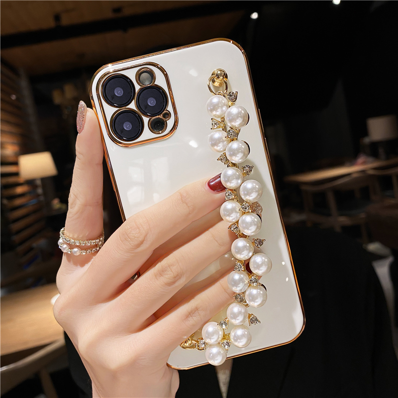 Lyxplätering Pearl Armband Kedja Mjukt Fodral För iPhone 13 14 12 Pro Max 11 XS X XR 7 8 Plus mini SE 2 Glitter Silikonskydd_voghion.com