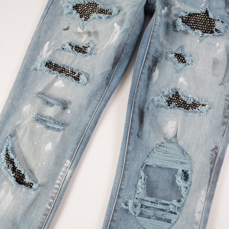 Ανδρικά ρούχα Graffiti Slim High Street Jeans Patch Diamond Hole Patch_voghion.com