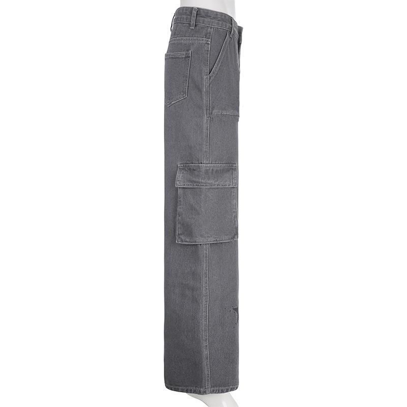 Abbigliamento da lavoro in denim a vita bassa stile street con design con tasche grandi con stampa a stella, pantaloni casual a gamba dritta_voghion.com