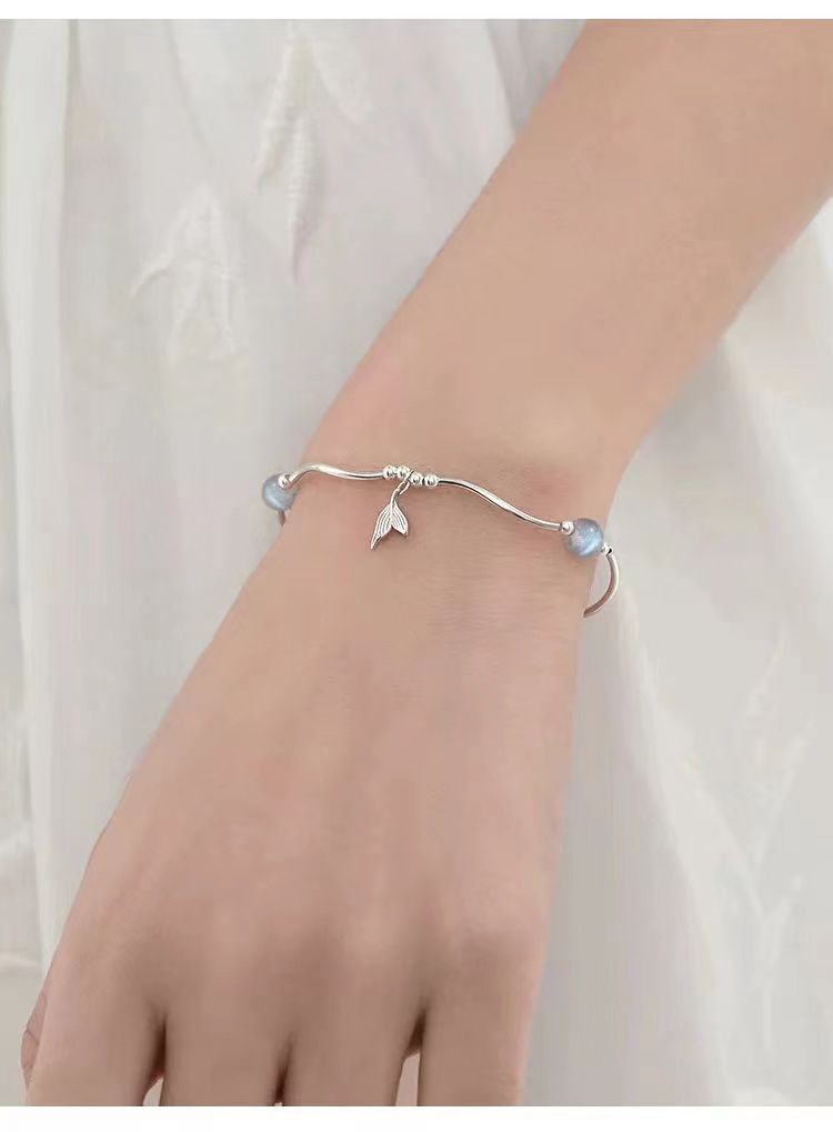 Braccialetto in argento sterling SNOW&HOMEL con coda di pesce, design di nicchia, leggero, di lusso, estivo, da donna, con pietra al chiaro di luna, migliore amico_voghion.com