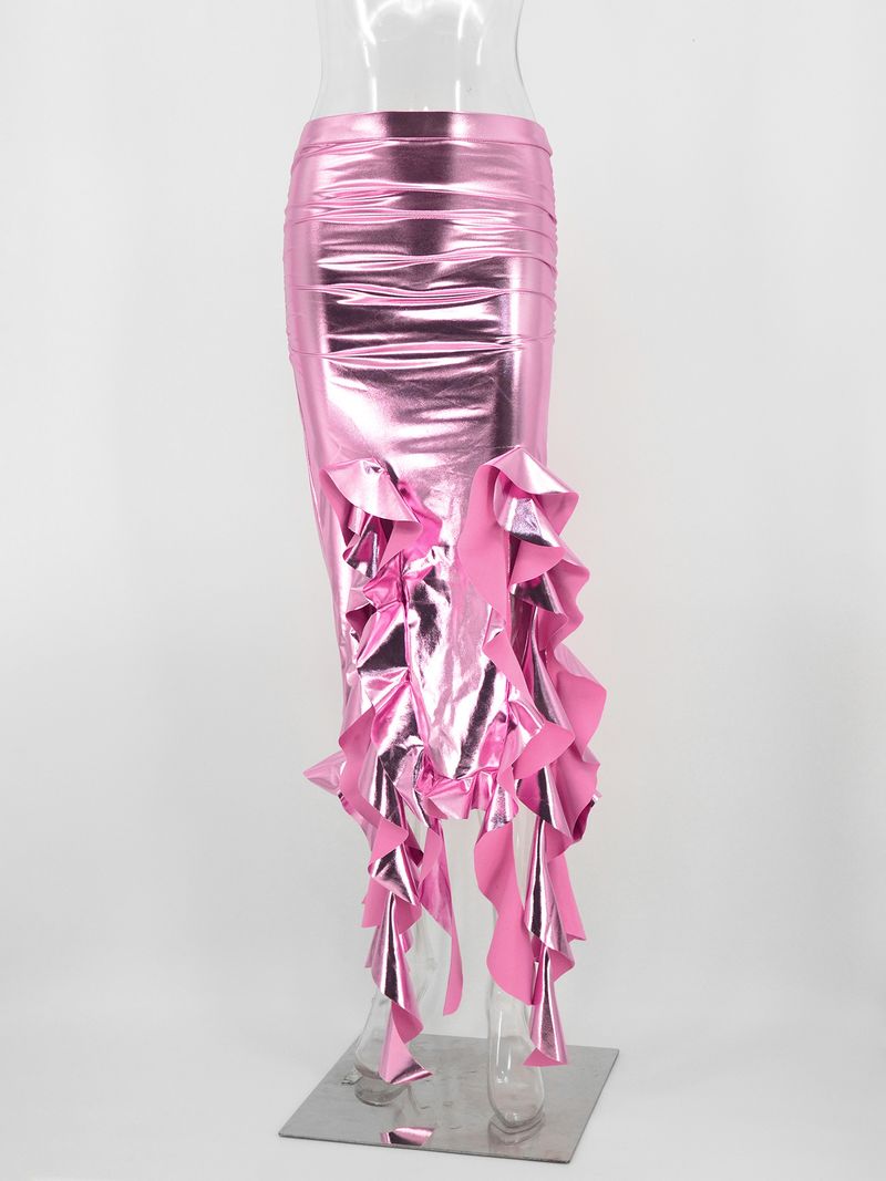 Gonna a coda di pesce in PU riflettente con nappa a nastro stile caldo da donna, gonna leggermente elastica e irregolare, gonna a mezza lunghezza, gonna alla moda_voghion.com