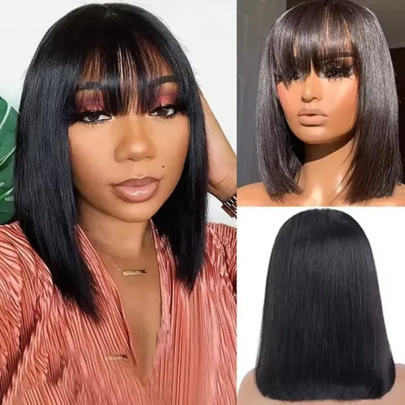 Brazilian Human Hair Bob Wig with Bangs, Straight, 8-14 Inches_voghion.com