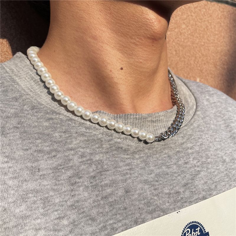 Collana con catena cubana in acciaio inossidabile per uomo, collana di perle in titanio resistente alla luce_voghion.com