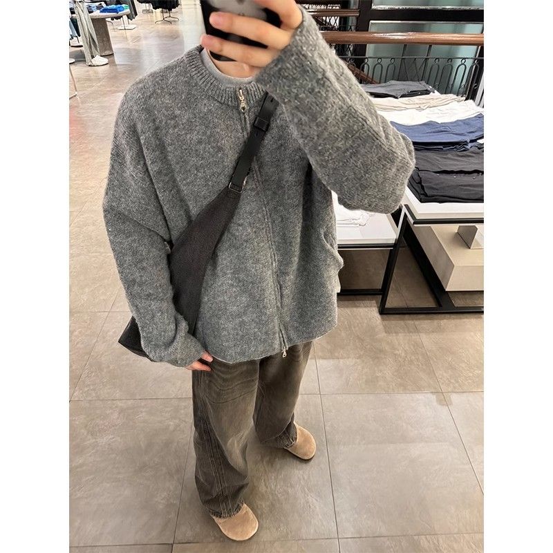 Mohair-Strickjacke für Herren, Reißverschlusspullover für Frühling und Herbst, lässiges High-End-Gefühl, kurzes Cleanfit-Oberteil_voghion.com
