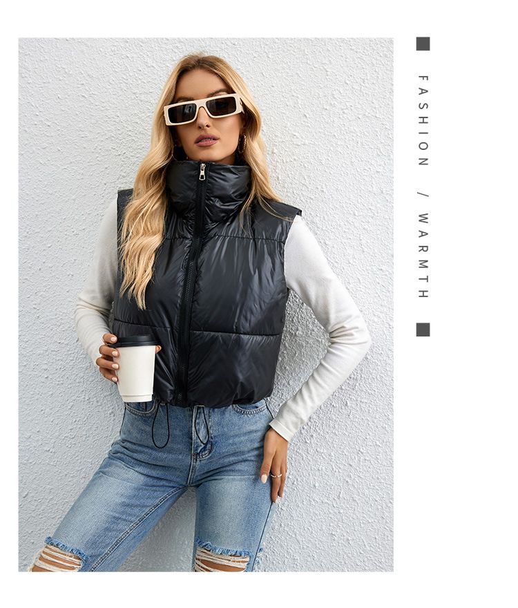 Damenmode kurze einfarbige warme Jacke Baumwollweste schlanke High Neck lose Baumwolljacke Weste_voghion.com