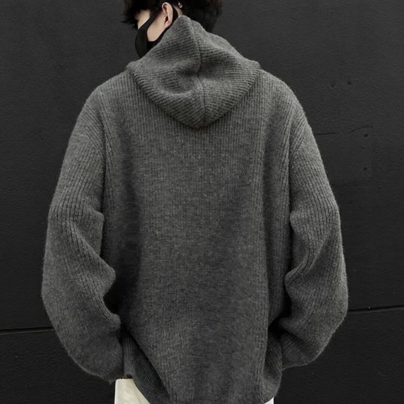Cleanfit Gray Hooded Sweater Men's Autumn Winter New Style Cool Lazy Loose Knitted Cardigan Jacket_voghion.com