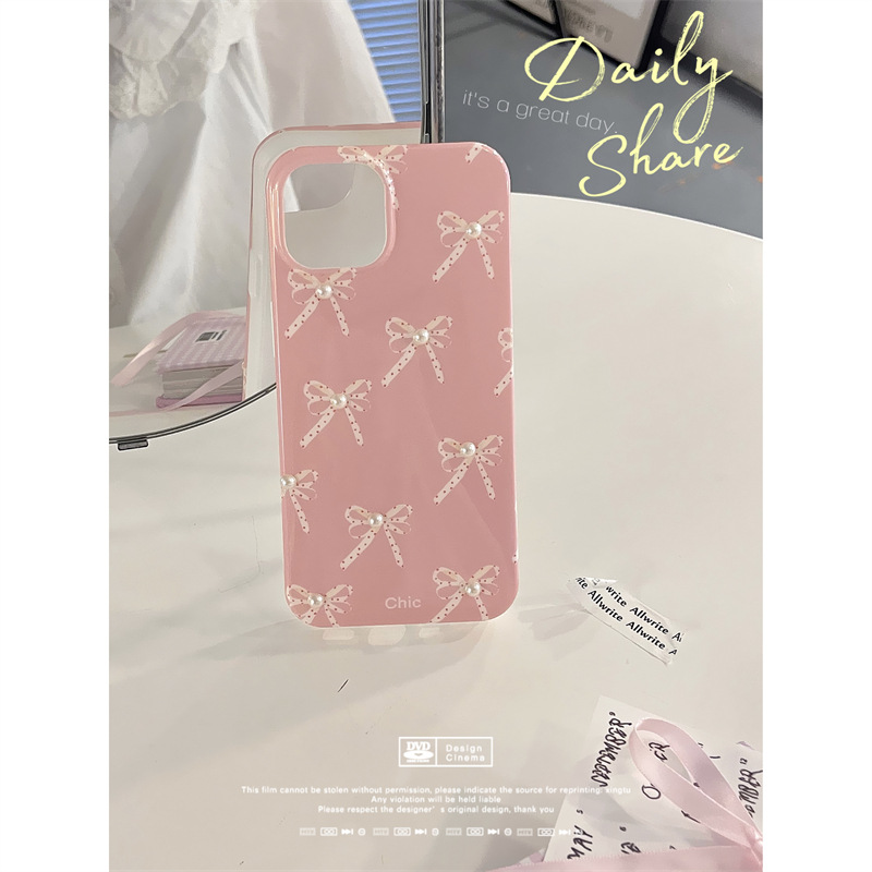 Custodia per telefono con fiocco rosa perla per ragazza, adatta per iPhone 15 Promax 13, 11, 3D, 12, 14._voghion.com