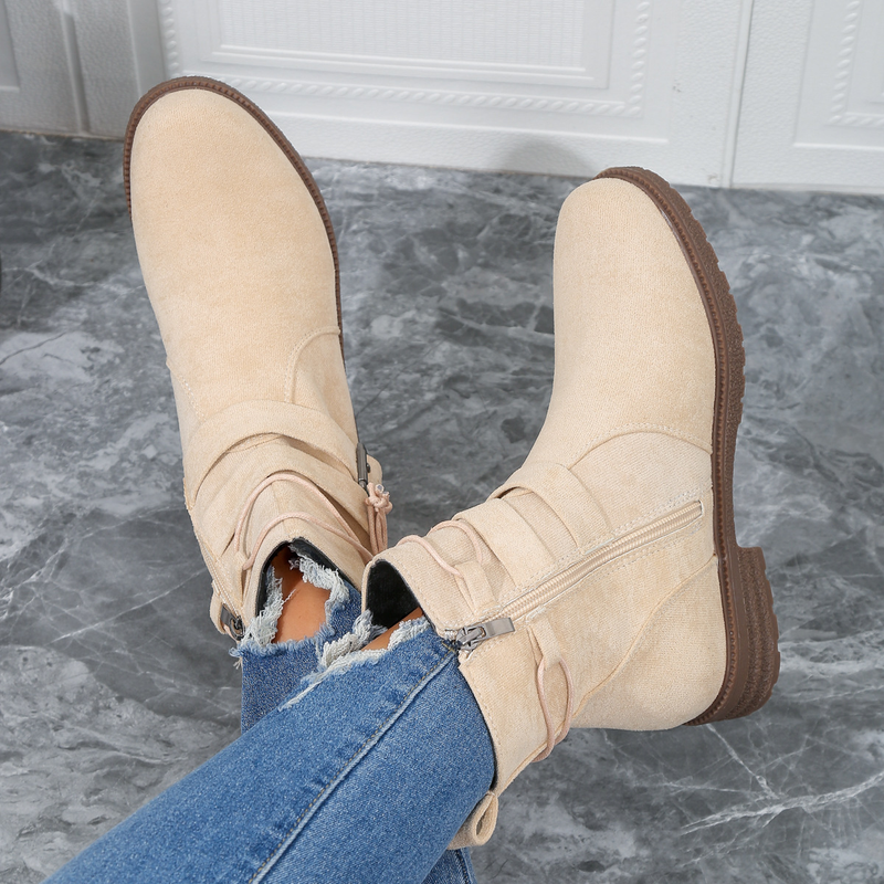 Short Booted Women's 2023 Autumn/winter New Round Head Martin Boots Side Zipper Belt Buckle Women's Boots_voghion.com