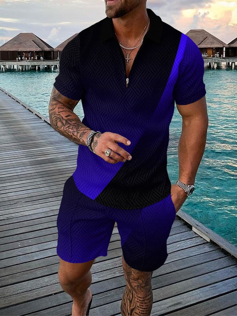 Men's 2pcs, Red Dots Pattern, Trendy Comfy Zip Polo And Plain Drawstring Waistband Shorts Set_voghion.com