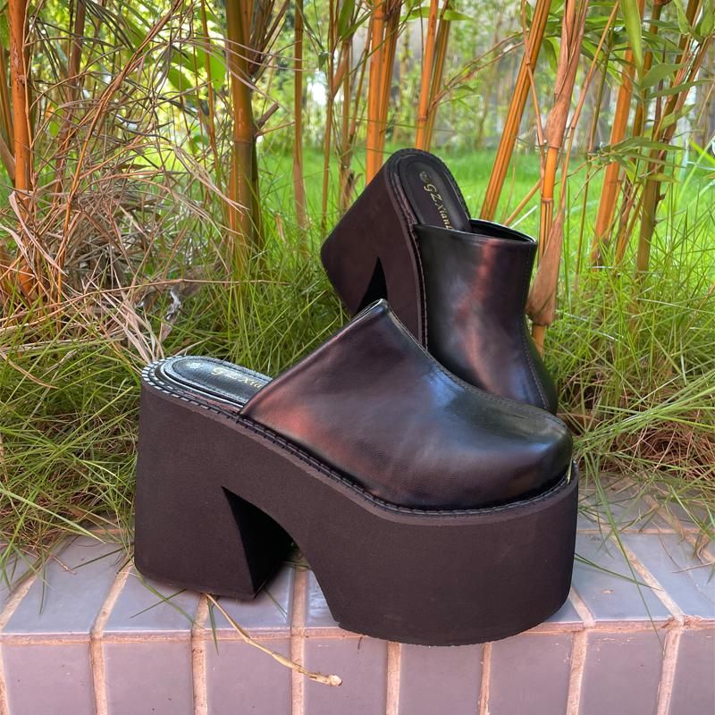 Zárt orrú platform öszvérek vaskos sarkú cipő női vastag alsó fekete magas platós slingback mindennapi viselet kényelmes_voghion.com