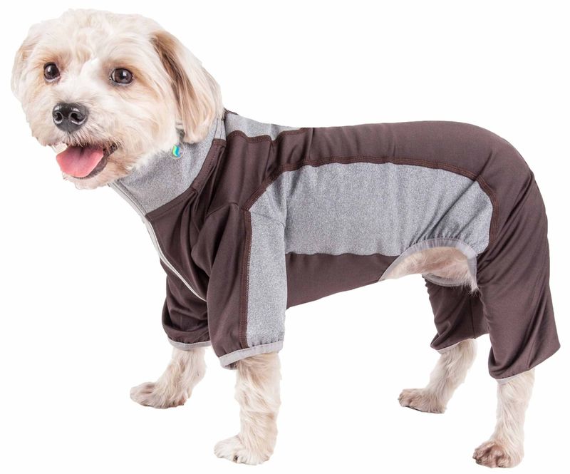 Pet Life Active 'Warm-Pup' Heathered Performance 4-Way Stretch Two-Toned Full Body Warm Up_voghion.com