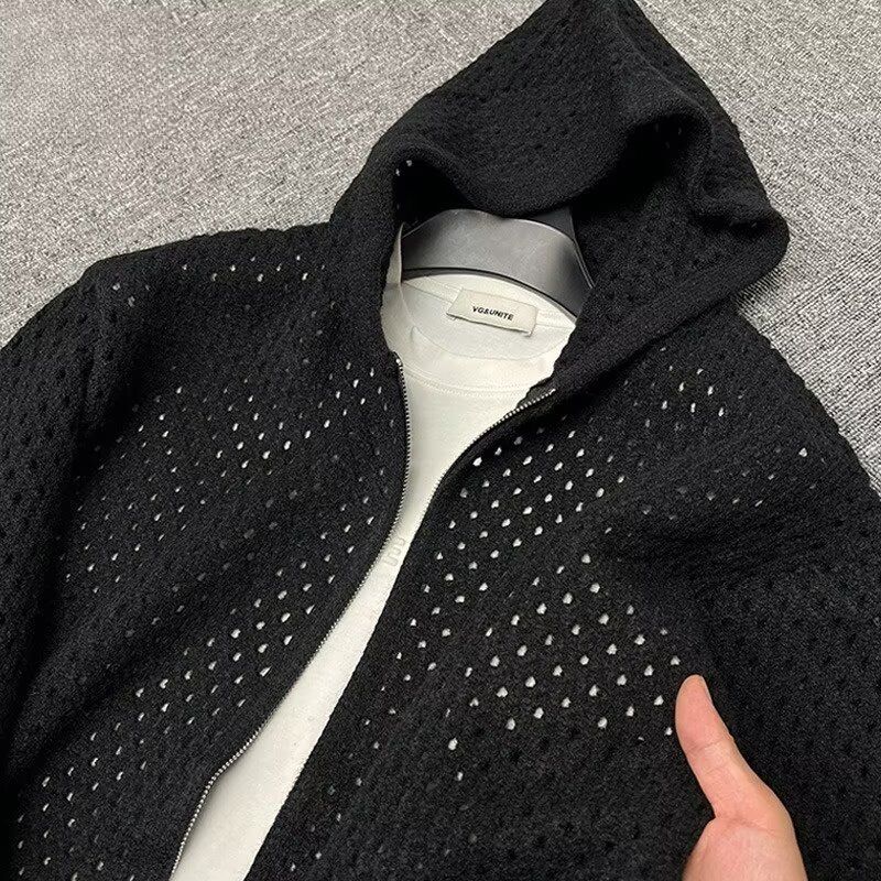 Cardigan à capuche ajouré pour le printemps et l'automne, tenue de couple, veste pull zippée, vêtements d'extérieur tricotés pour hommes, style vieilli_voghion.com