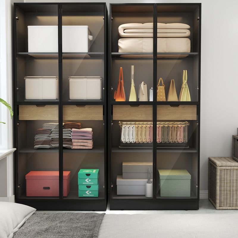 Display Cabinet With Glass Doors, Tall Storage Cabinet With 3 Color Lights, Curio Display Case With 4-Tier Storage Shelves And Drawer For Collectibles, Living Room, Home Office_voghion.com