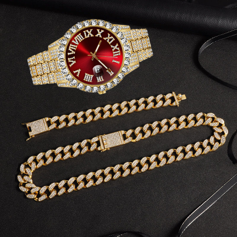 Full Iced Out Watch Erkek Küba Bağlantı Zinciri Bilezik Kolye Choker Bling Takı Erkekler İçin Büyük Altın Zincirler Hip Hop Erkek Saat Seti_voghion.com