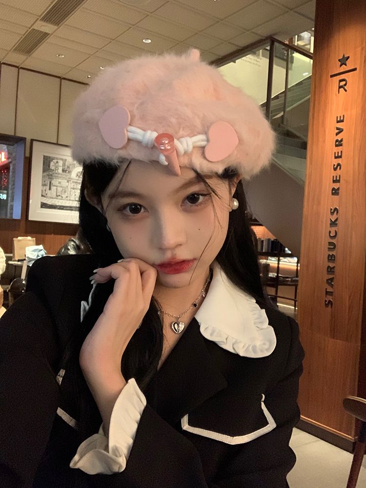 heart-shaped Corner Buckle Rabbit Hair Women's Beret, Winter Big Head Circumference, Modify The Face 2025 New_voghion.com