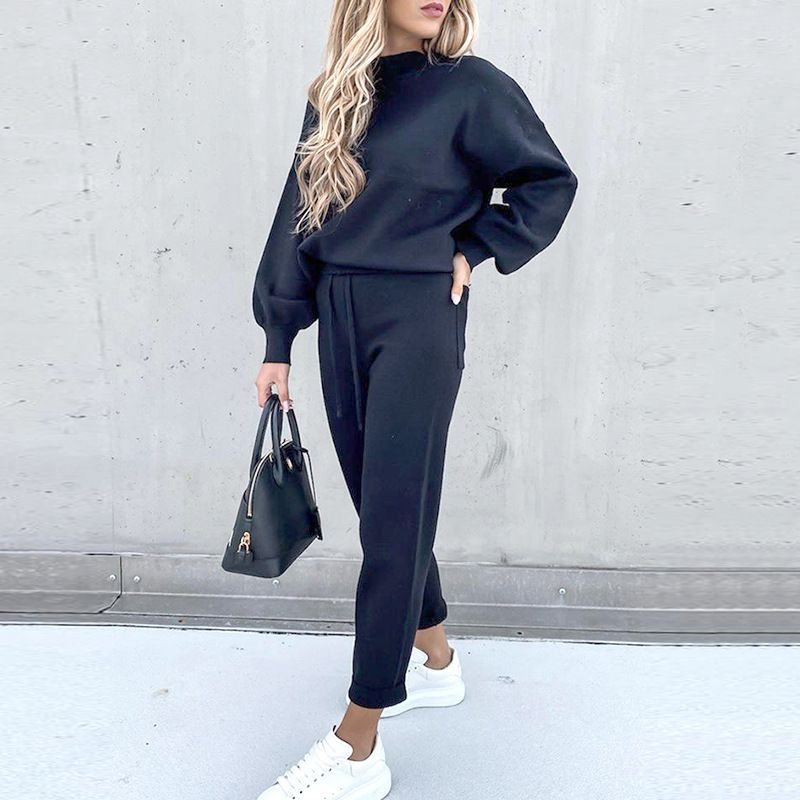 2022 automne/hiver femmes pull FD89940125 col haut décontracté solide pantalon deux pièces ensemble_voghion.com