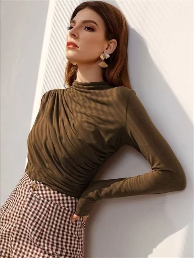 2025 Autumn And Winter New Design, Pleated Versatile Long Sleeved T-shirt, Women's Solid Color Top_voghion.com