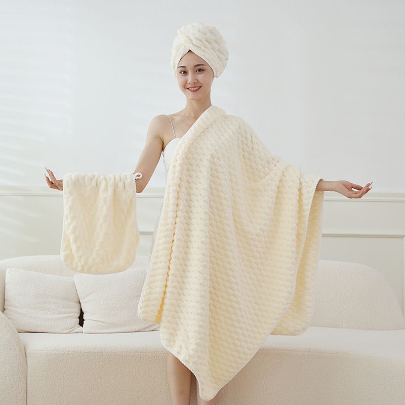 Coral Fleece Cloud Grid Towel Does Not Absorb Water, Bath Towel Adult Shower Cap Set_voghion.com