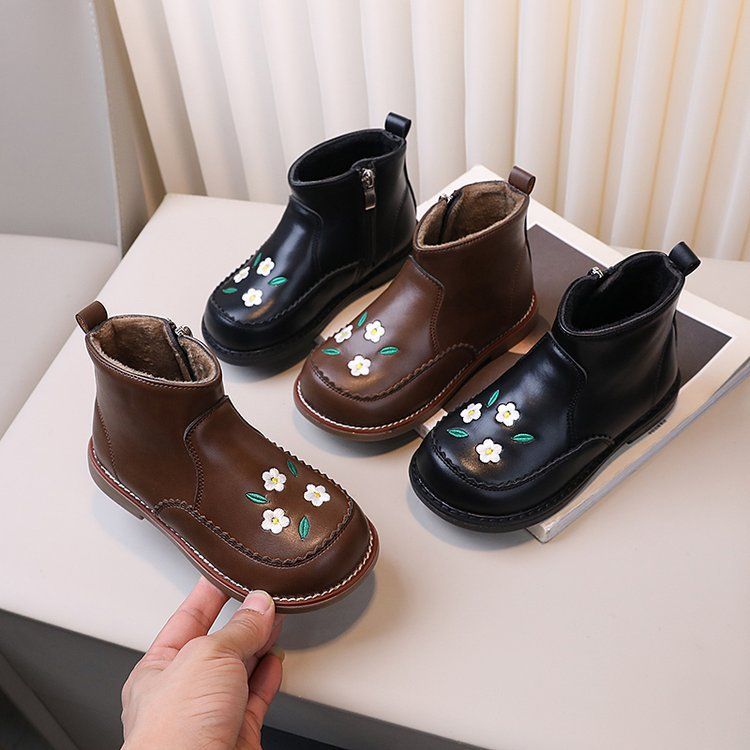 Kinder Fleece-gefütterte warme kurze Herbst-Winter-neue süße Baumwoll-Mädchen-Seitenreißverschluss-Lederstiefel_voghion.com