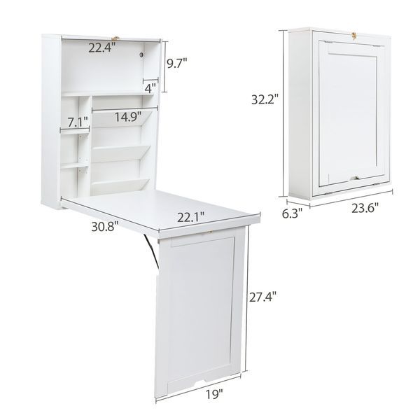 Modern Compact Wood Wall Mounted Folding Desk Cabinet Convertible Writing Desk For Home Office With Storage; White_voghion.com