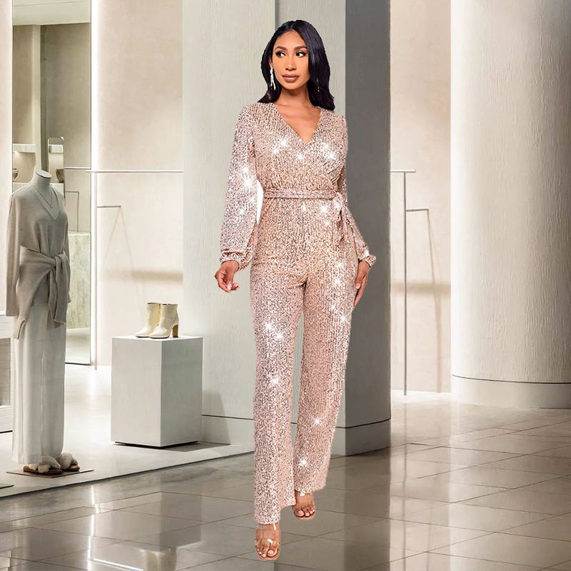 Damkläder Ins Style Deep V Mode Casual Jumpsuit Långärmat Bälte Paljett Jumpsuit Dam_voghion.com