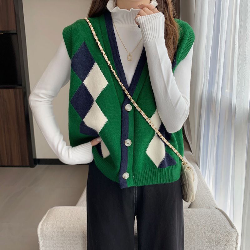 Damenbekleidung Herbst neue lose Damenbekleidung V-Ausschnitt ärmellose Strickjacke Retro Diamant gestrickte Pullover Weste Weste für Frauen_voghion.com