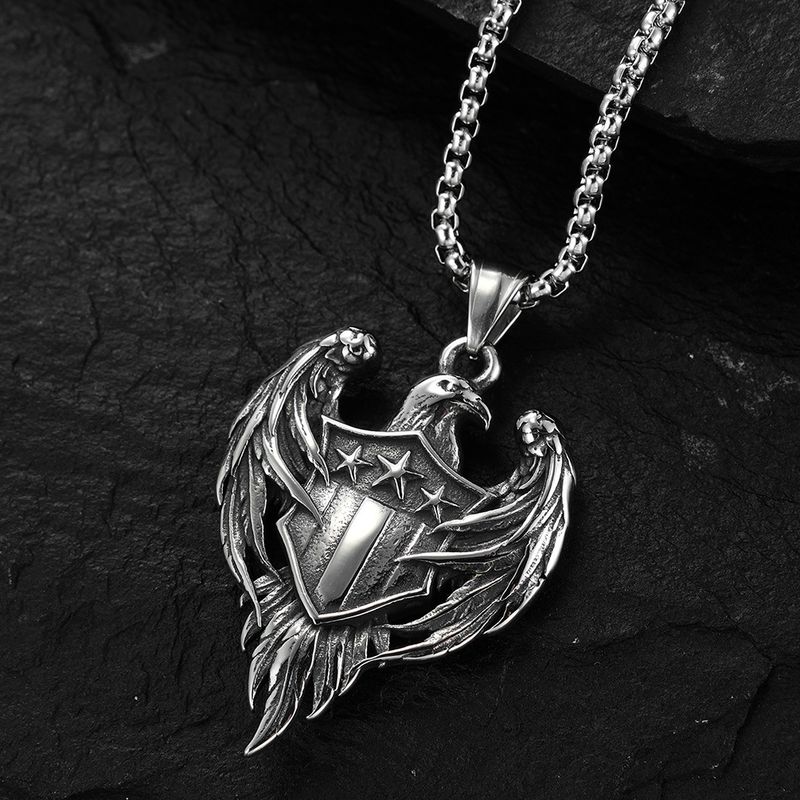 Collier en acier inoxydable avec pendentif en forme d'aigle à tête blanche de style rétro, marque militaire en acier inoxydable avec pendentif en forme d'aigle à double aile_voghion.com
