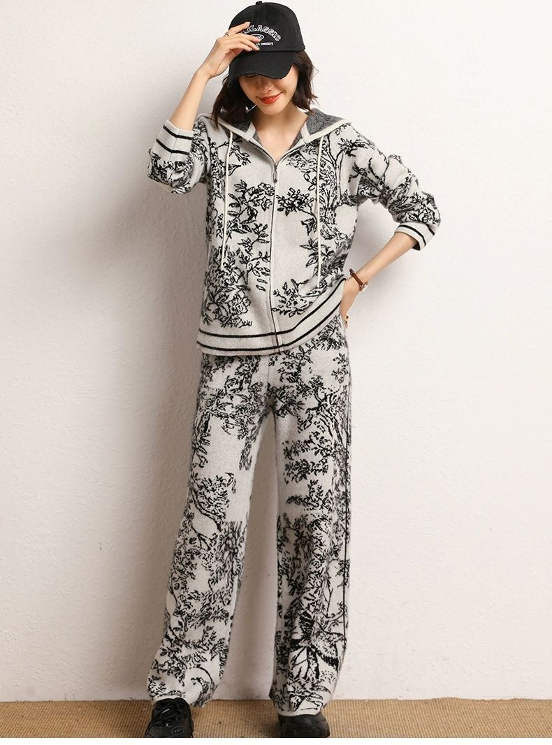 Kadınlar için kadın moda örme takım elbise kapüşonlu kazak geniş bacak pantolon iki parçalı set modaya uygun_voghion.com