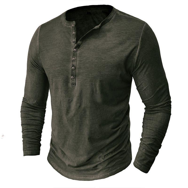 Europäisches Herren-Henley-Hemd, Retro-Langarm-T-Shirt, Herren-T-Shirt mit Knöpfen, gewaschenem V-Ausschnitt_voghion.com