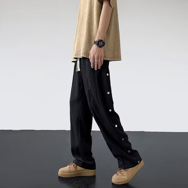 Pantalon long décontracté à boutons pour homme, coupe droite et ample, style streetwear, avec fente latérale_voghion.com